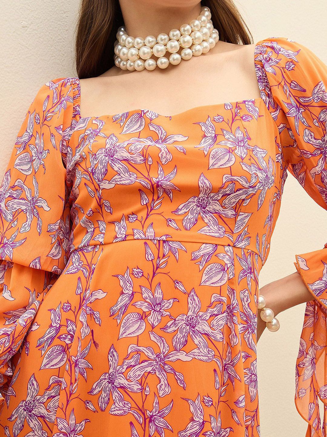 SASSAFRAS Floral Print Flutter Sleeve Georgette Fit & Flare Maxi Dress