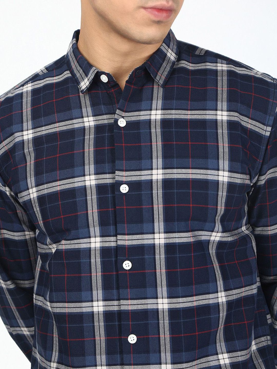 Bene Kleed Men Tartan Checked Spread Collar Cotton Casual Shirt