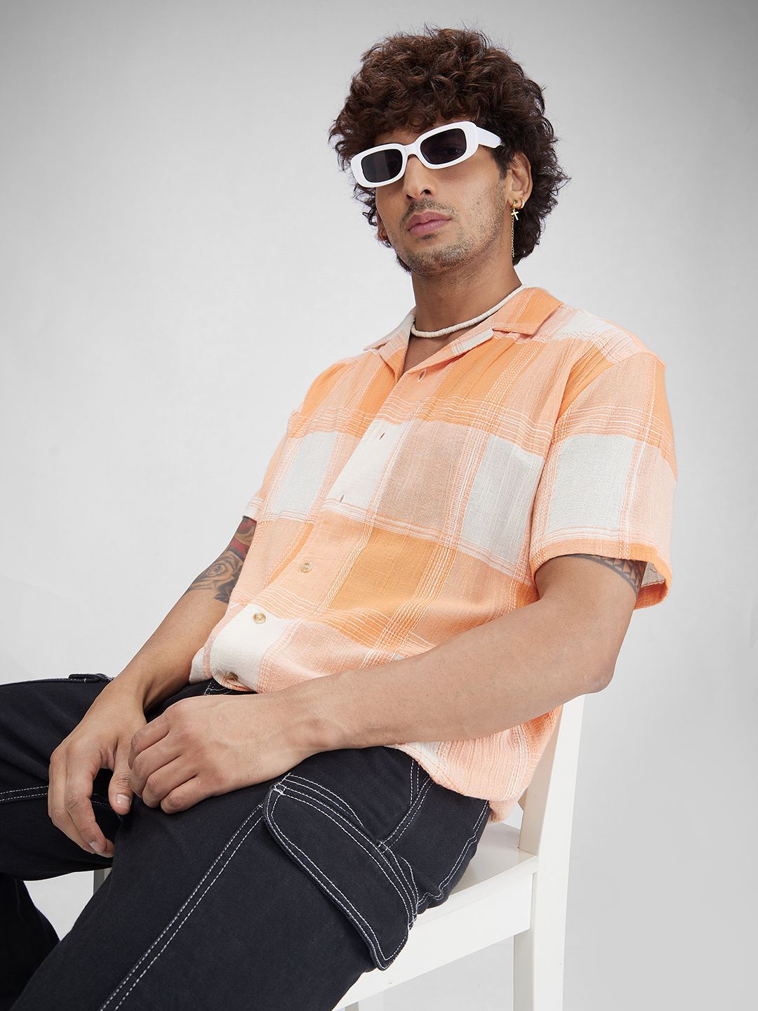 VASTRADO Men Classic Cuban Collar Checked Cotton Oversized Casual Shirt