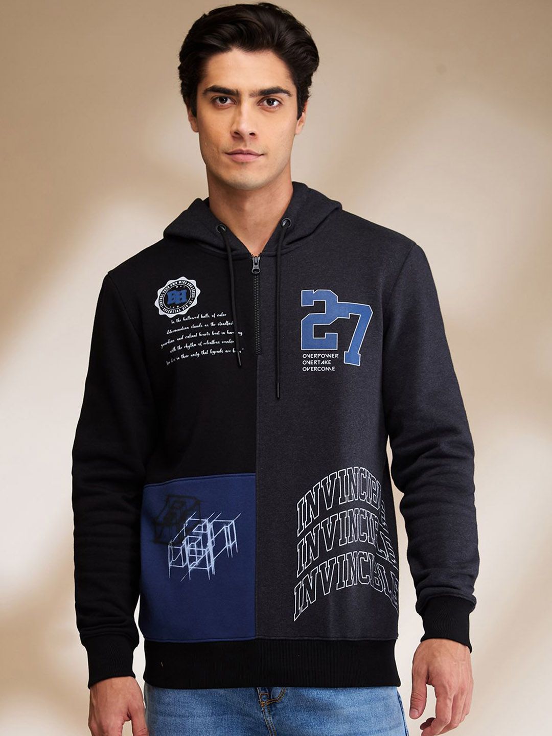 Being Human Men Black Long Sleeves Hooded Neck Patchwork Sweatshirts