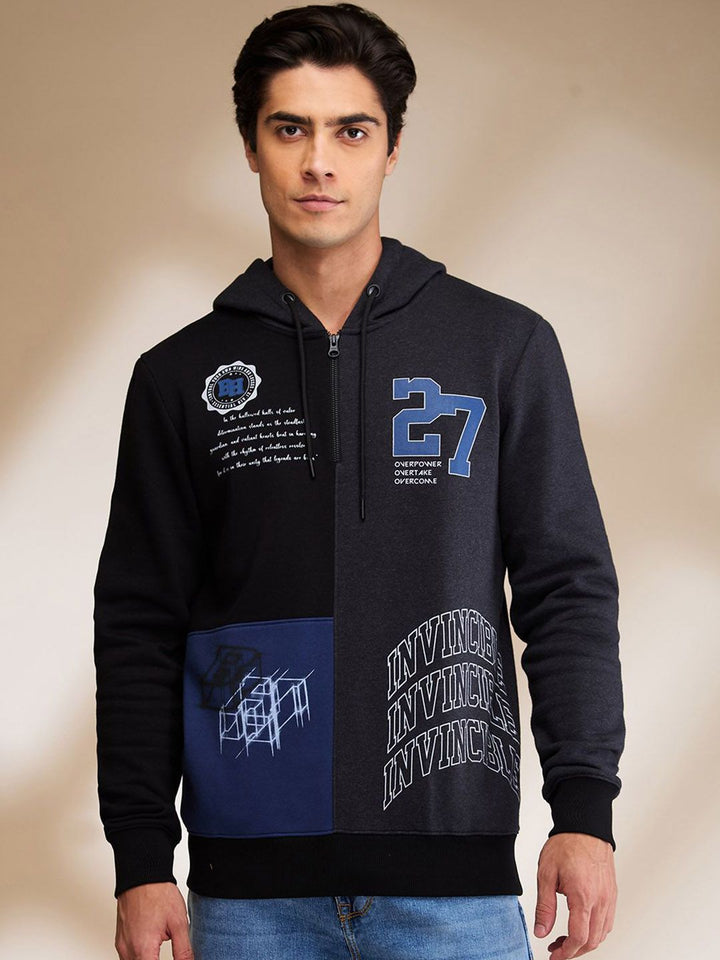 Being Human Men Black Long Sleeves Hooded Neck Patchwork Sweatshirts