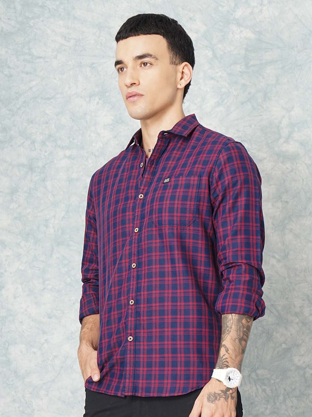 The Indian Garage Co Men Navy Blue & Maroon Slim Fit Checked Casual Shirt