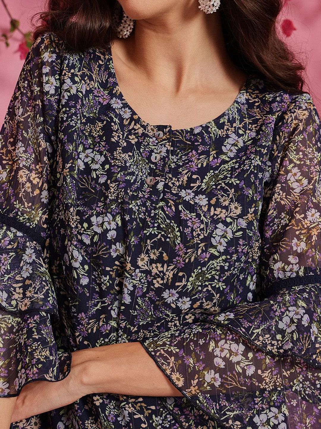 QUIERO Women Floral Printed Round Neck Chiffon Top