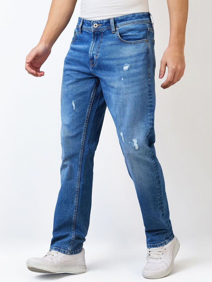 SPYKAR Men Comfort Fit Mid Rise Whiskers and Chevrons Cotton Mildly Distressed Jeans