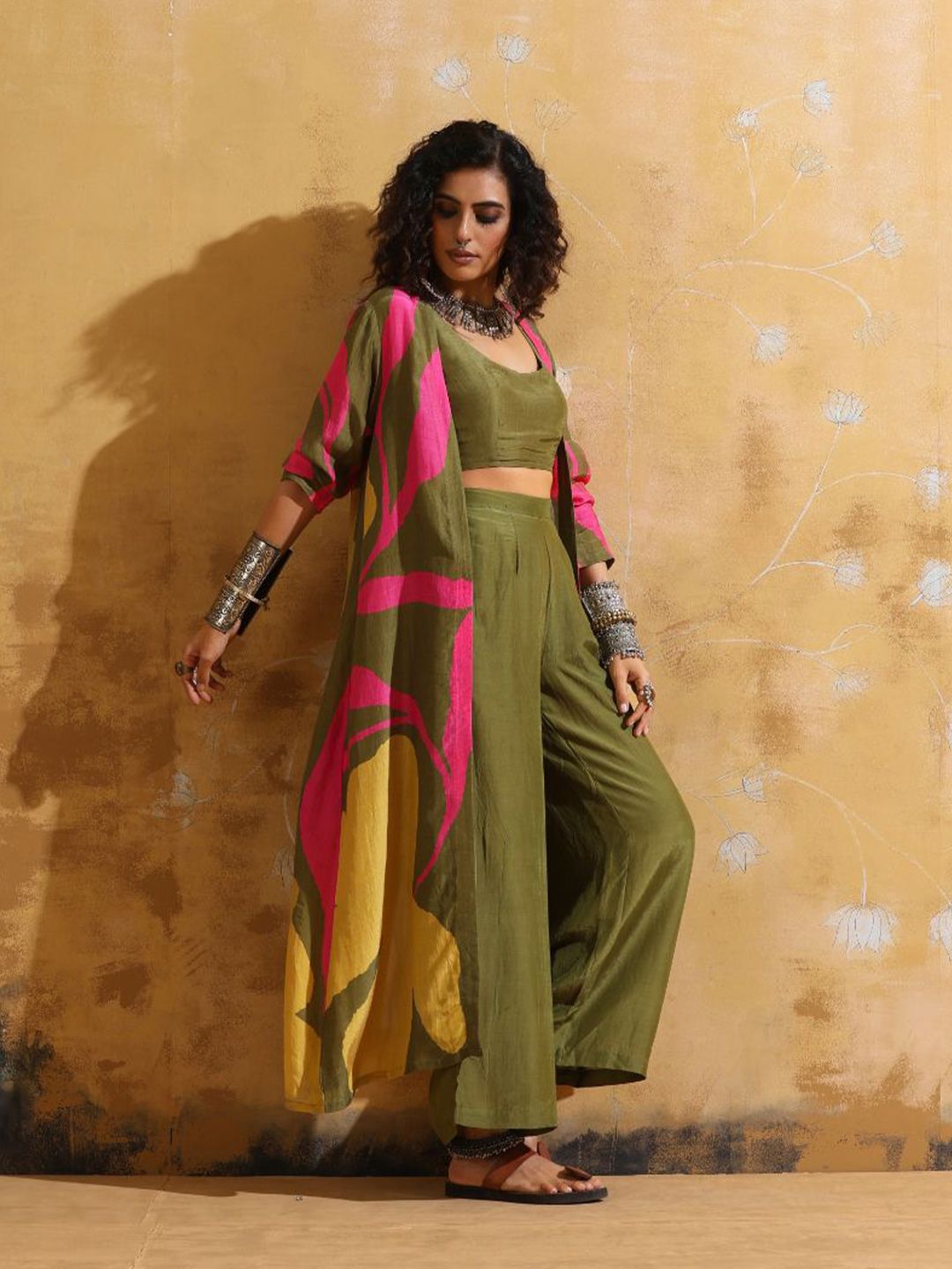 trueBrowns Printed Muslin Silk Top Jacket With Trousers Co-Ords