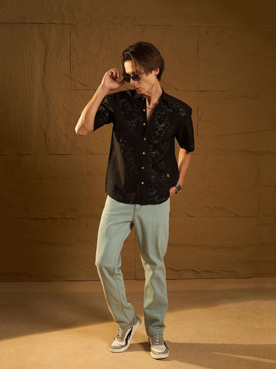 Dennison Men Floral Printed Drop Shoulder Semi Sheer Oversized Shirt