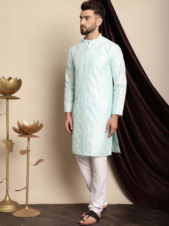 Anouk Men Sea Green Geometric Embroidered Kurta with Churidar