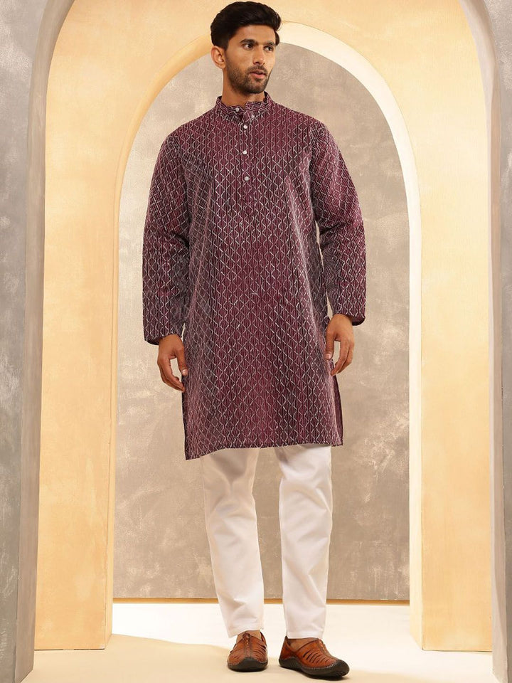 Anouk Geometric Embroidered Thread Work Band Collar Silk Cotton Kurta with Pyjamas