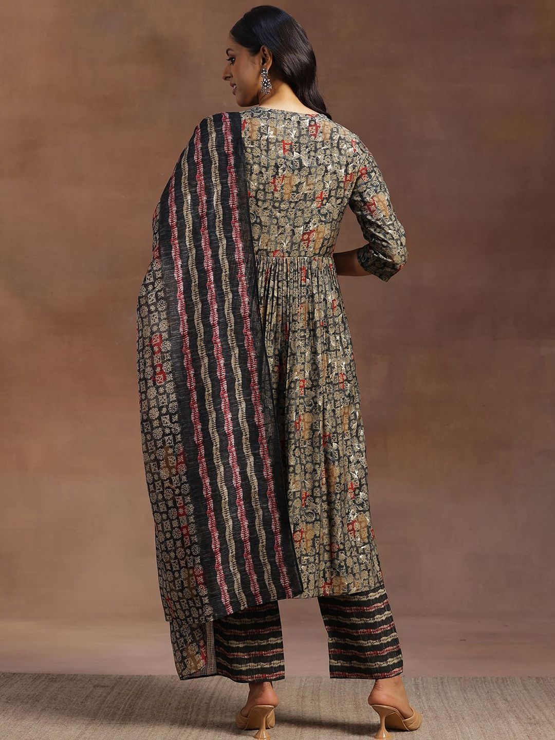 Libas Ethnic Motifs Printed Mirror Work A-Line Kurta with Trousers & Dupatta