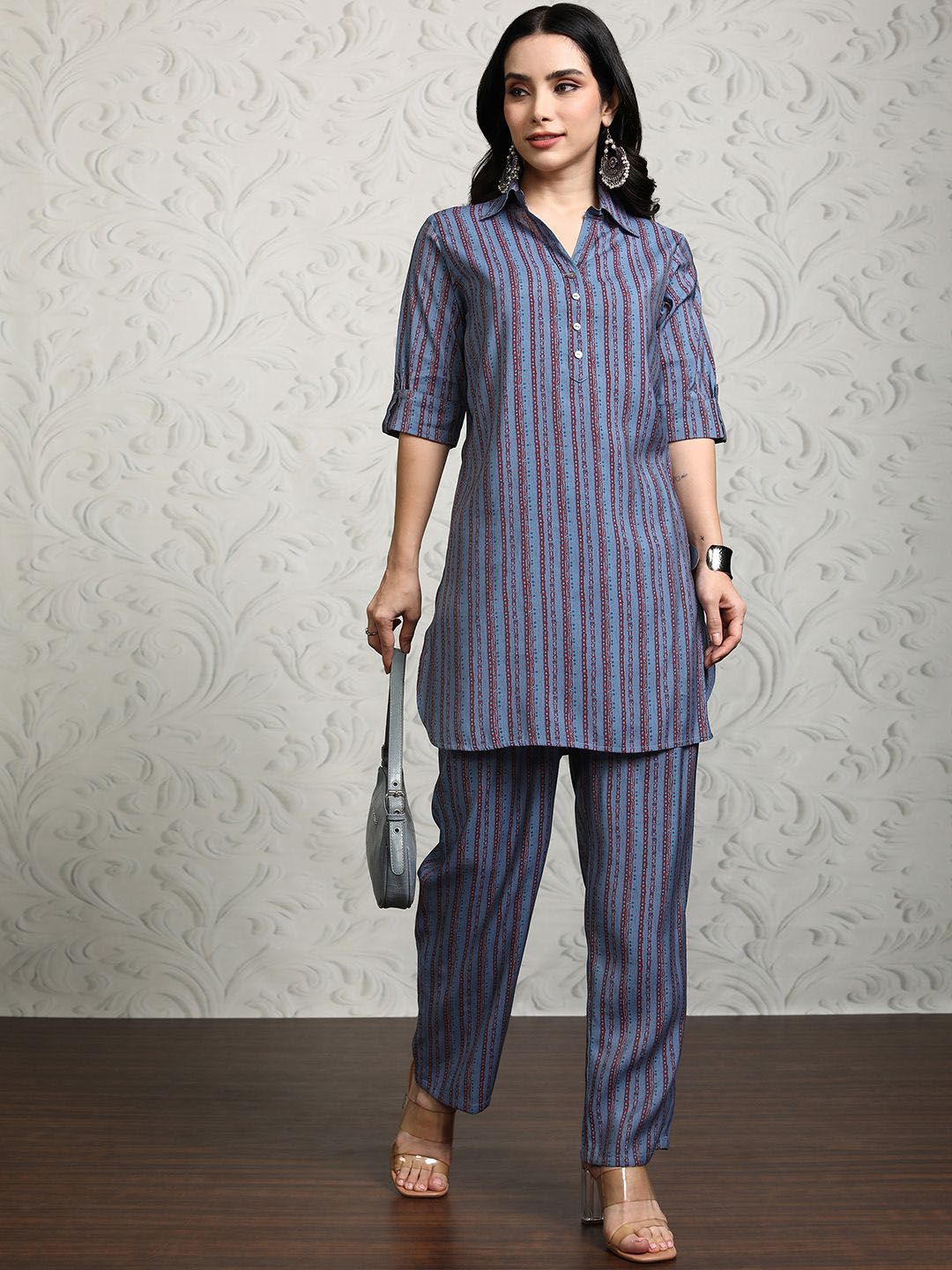 Vishudh Striped Shirt Collar Tunic With Trousers