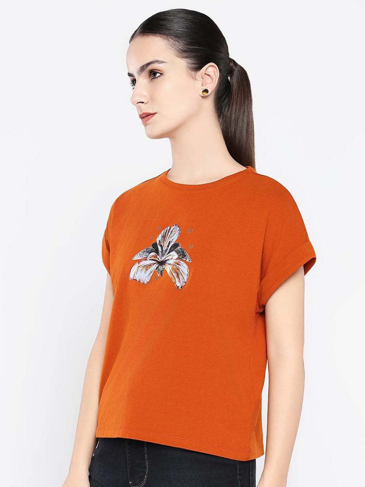 Rareism Wanita Grafik Bercetak Kapas Leher Pusingan T-shirt Santai