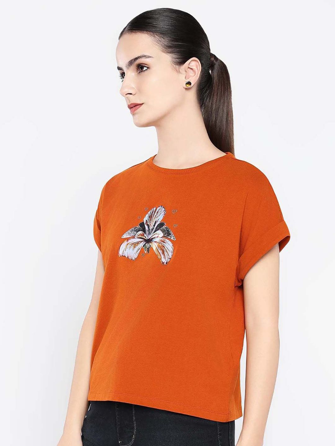 Rareism Wanita Grafik Bercetak Kapas Leher Pusingan T-shirt Santai