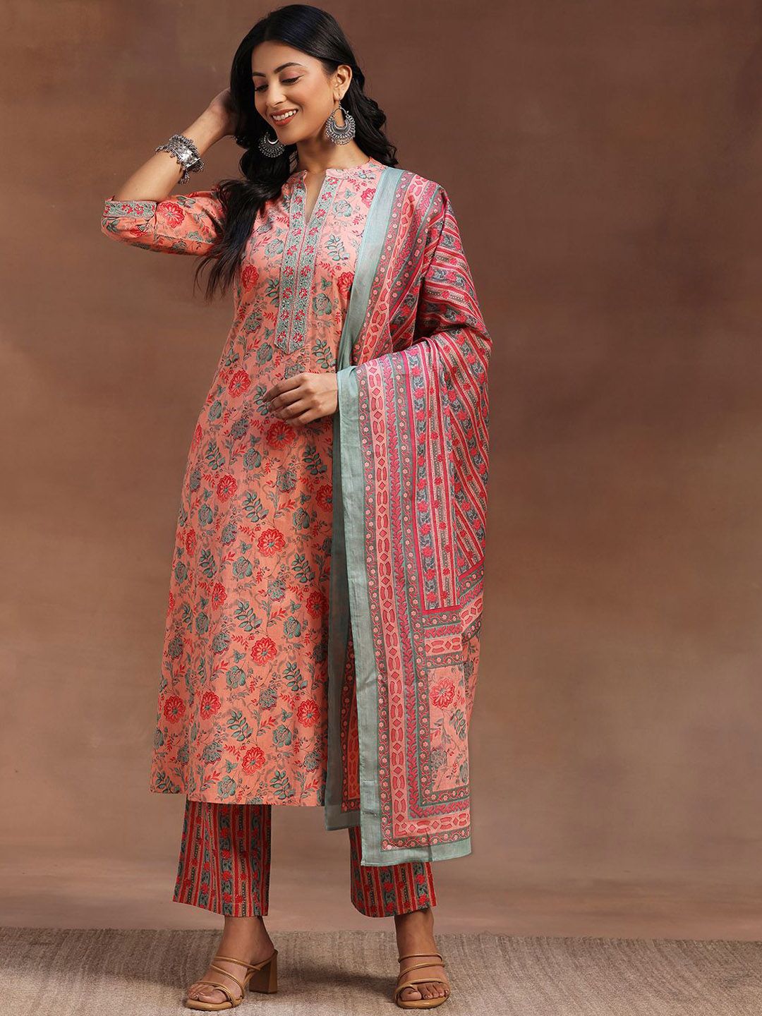 Libas Floral Printed Pure Cotton Kurta with Trousers & Dupatta