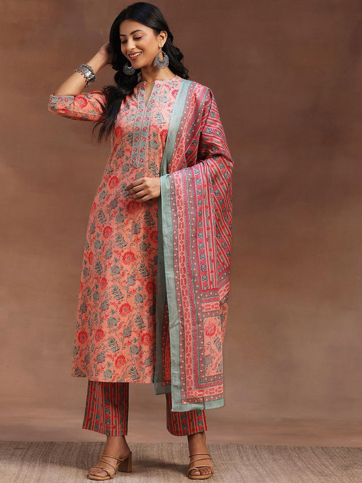 Libas Floral Printed Pure Cotton Kurta with Trousers & Dupatta