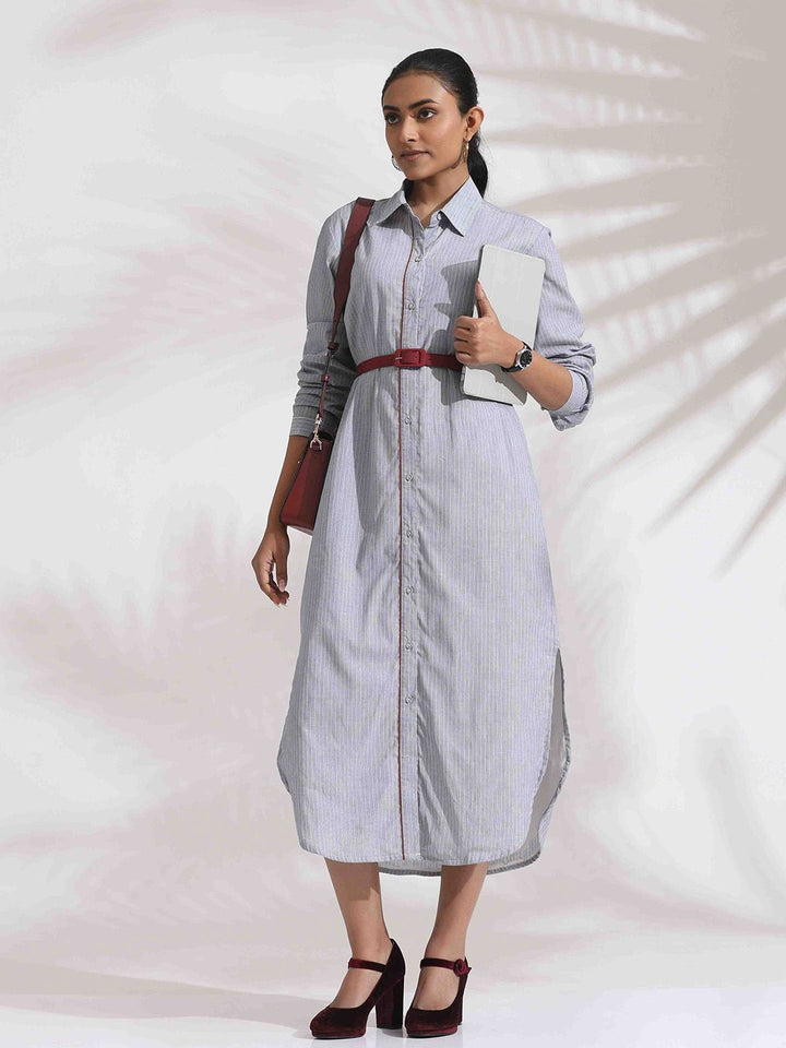 trueBrowns Women Grey Stripe Cotton Shirt Dress