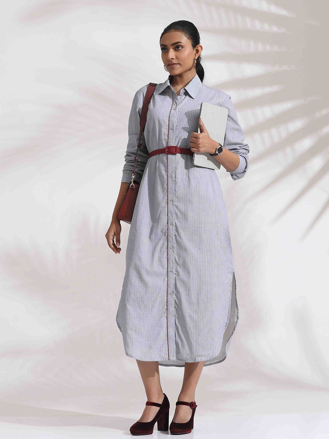 trueBrowns Women Grey Stripe Cotton Shirt Dress