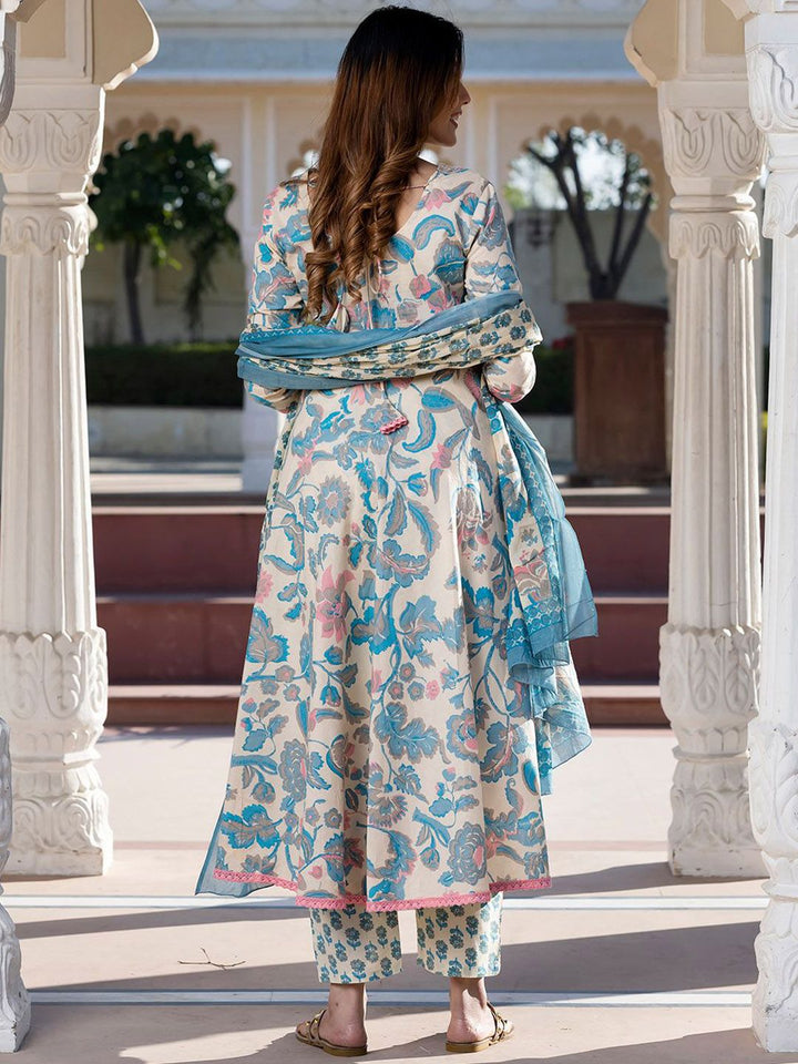 Kalini Wanita Floral Dicetak Kurta Kapas Tulen Biasa Dengan Seluar & Dengan Dupatta