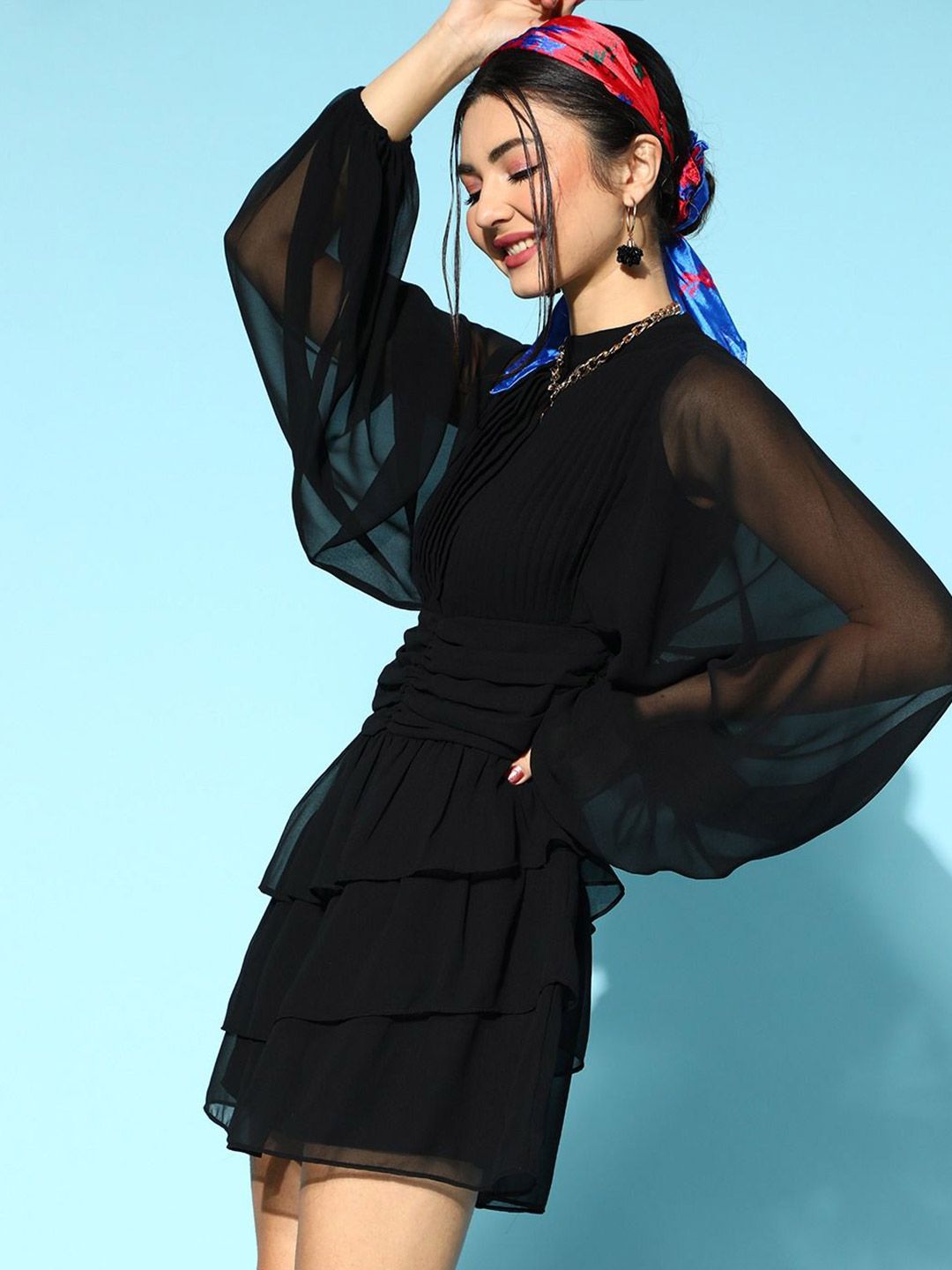 Berrylush Bishop Sleeve Georgette Fit & Flare Dress
