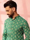 Anouk Ethnic Motifs Printed Band Collar Ikat Technique Straight Cotton Linen Kurta