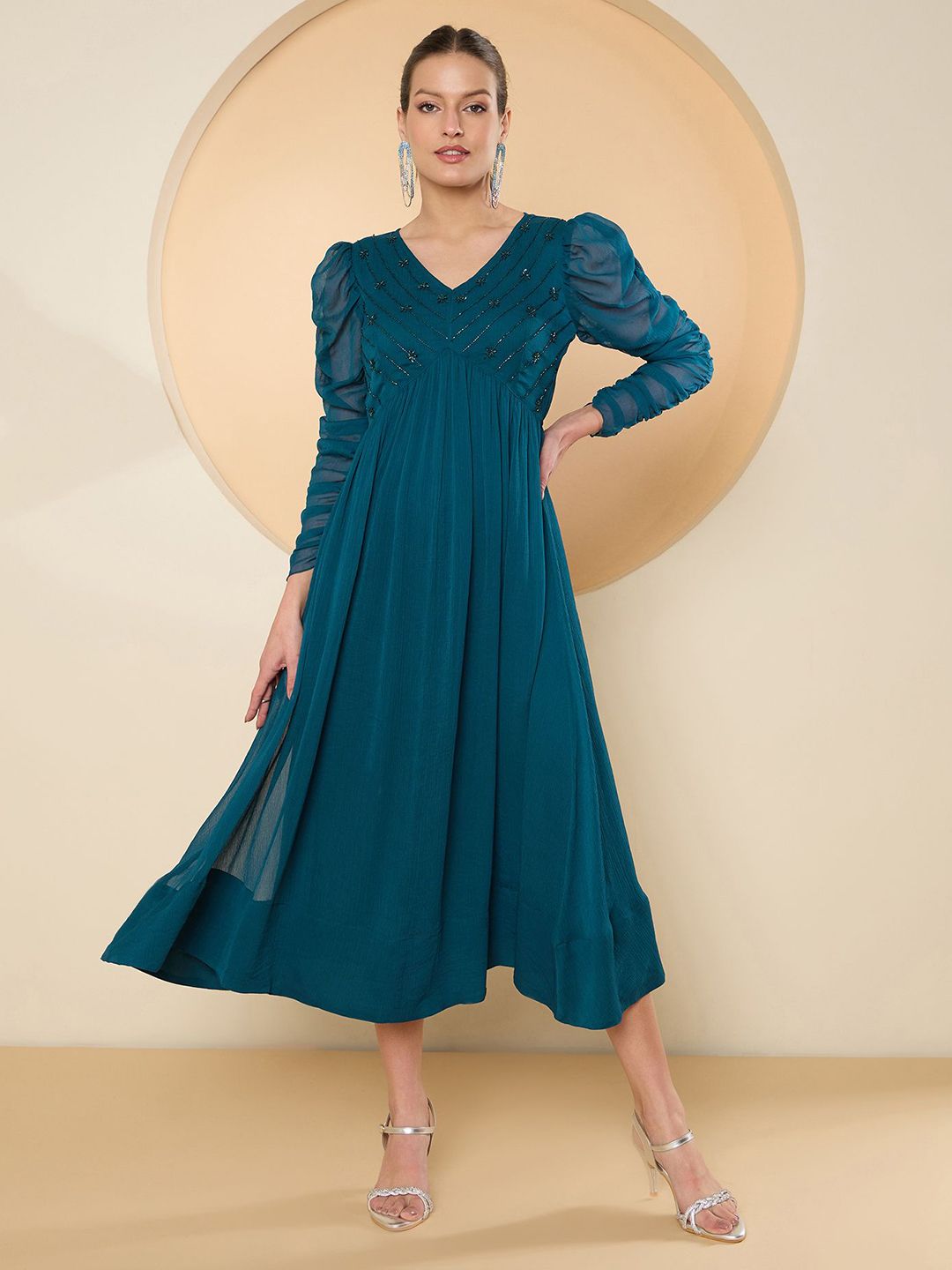 Antheaa Puff Sleeve Chiffon Embellished A-Line Midi Dress