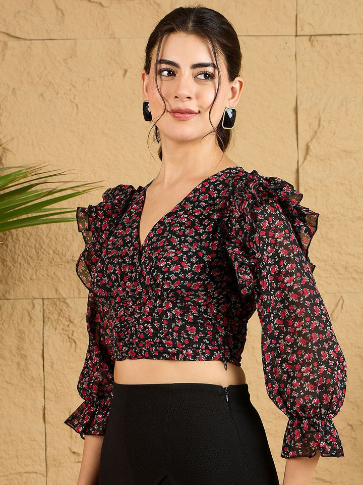 Berrylush Women Floral Printed Puff Sleeve Ruffles Crop Top
