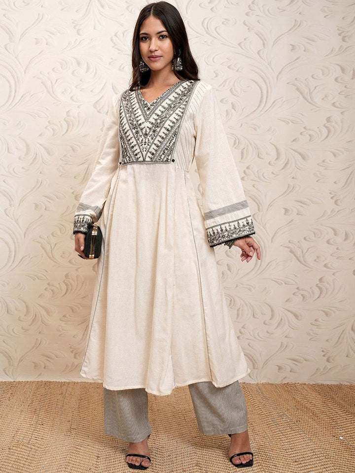 Vishudh Floral Embroidered Panelled Sequinned Pure Cotton Kurta With Trousers