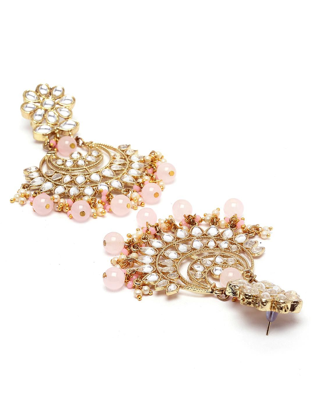 KARATCART Gold-Plated Pink & White Kundan Studded & Beaded Handcrafted Jewellery Set