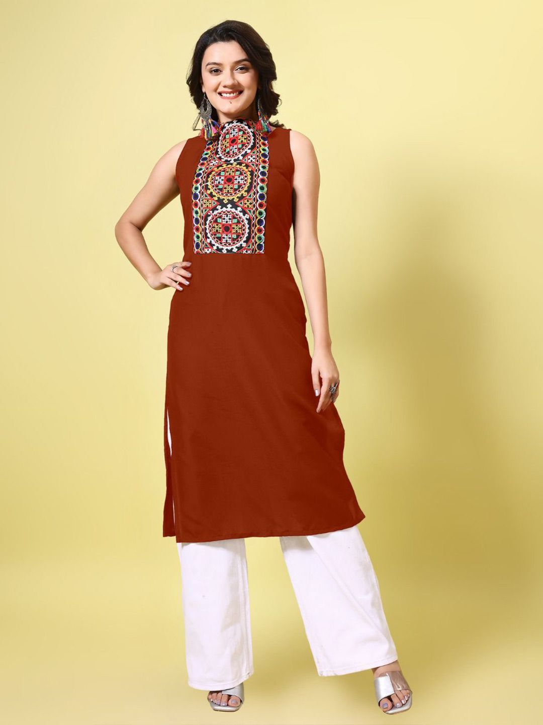 KALINI Women Cotton Blend Embroidered High Neck Straight Kurta