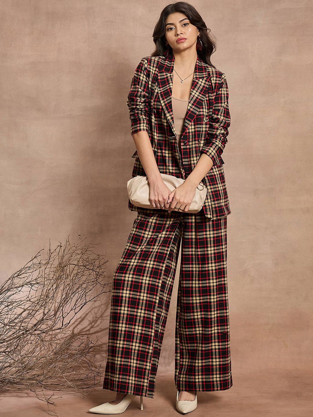 SASSAFRAS Checked Pure Cotton Comfort-Fit Double-Breasted Blazer