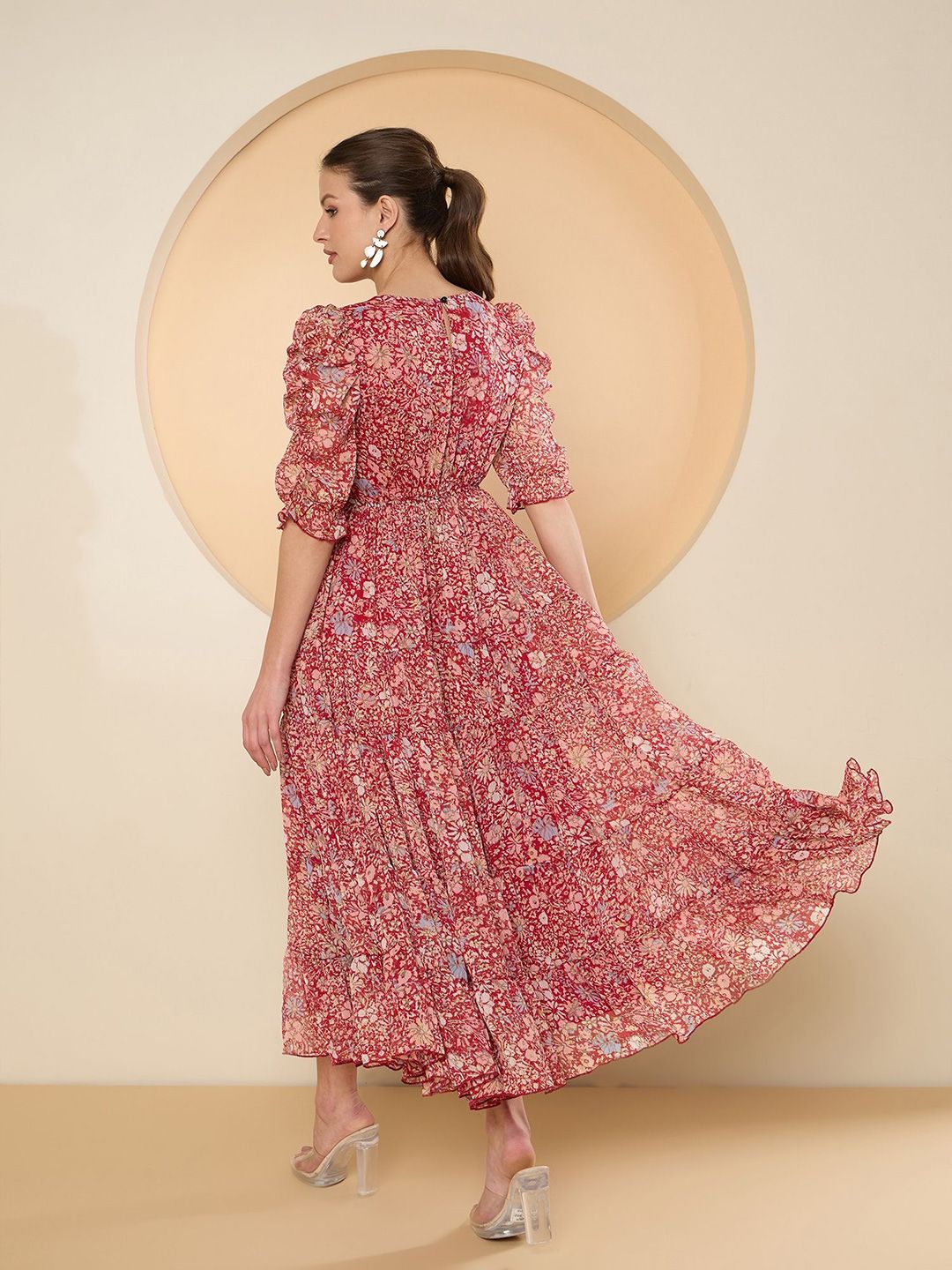 Antheaa Floral Print Puff Sleeve Chiffon Fit & Flare Embellished Maxi Dress