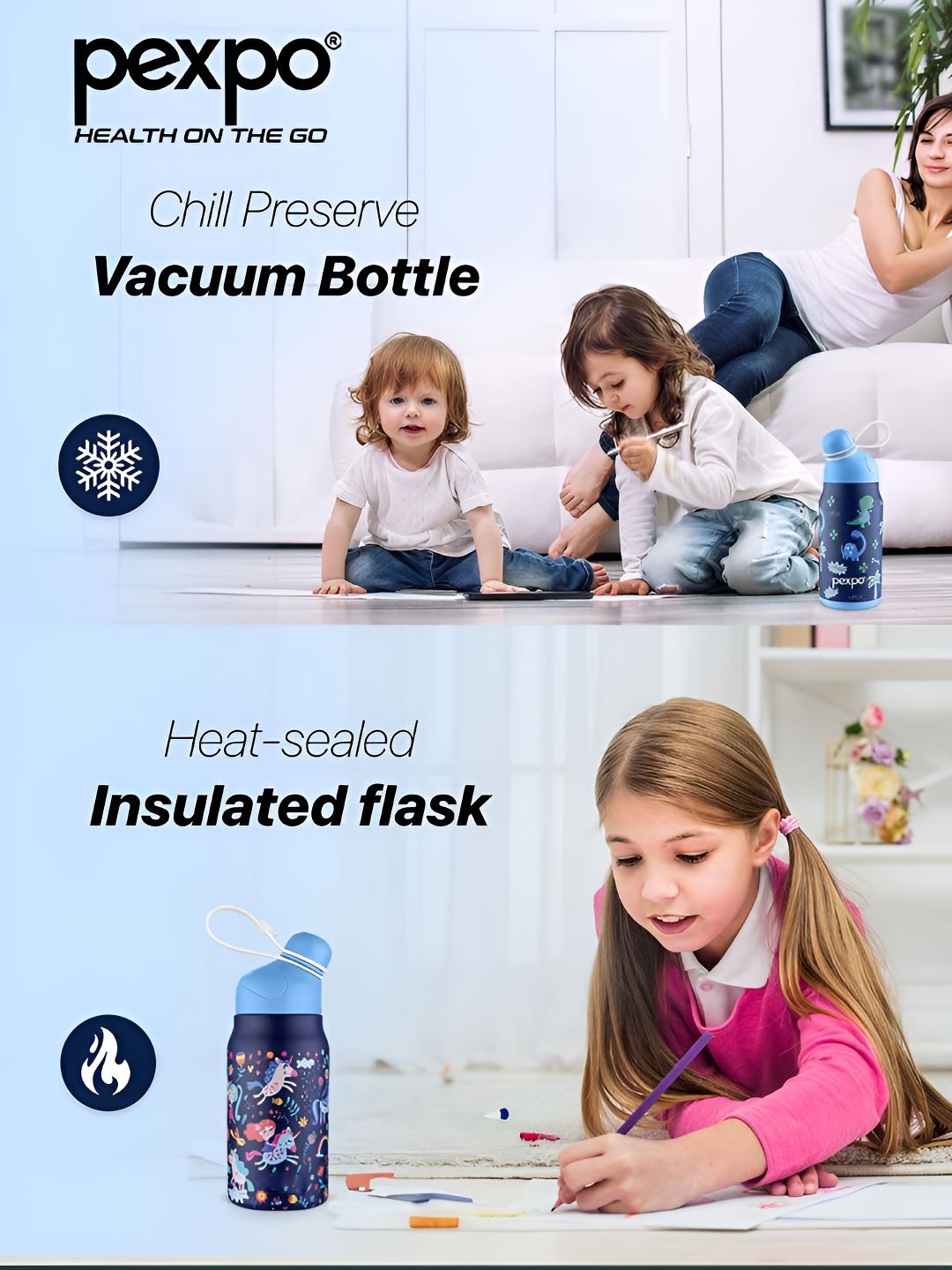 Pexpo Blue Printed Stainless Steel Double Wall Vacuum Water Bottle 420ml