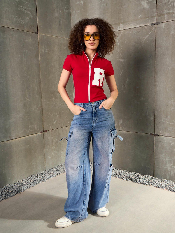 SASSAFRAS Women Typography Printed High Neck Pockets Slim Fit T-shirt