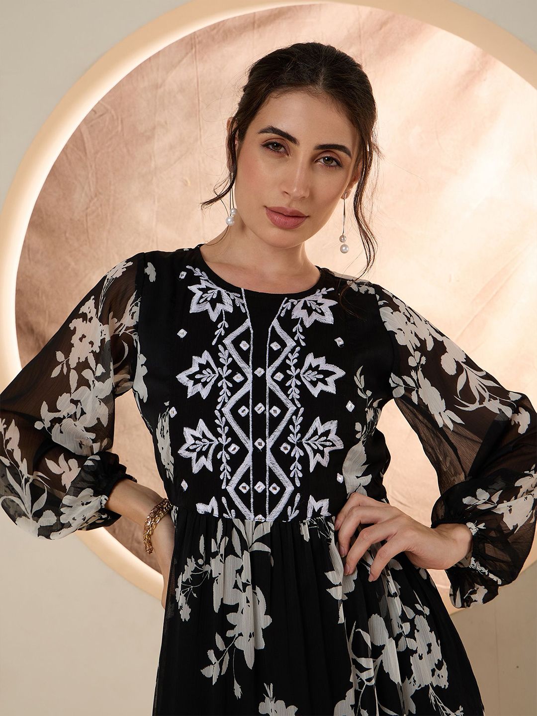 Antheaa Women Floral Embroidered Fit & Flare Midi Dress