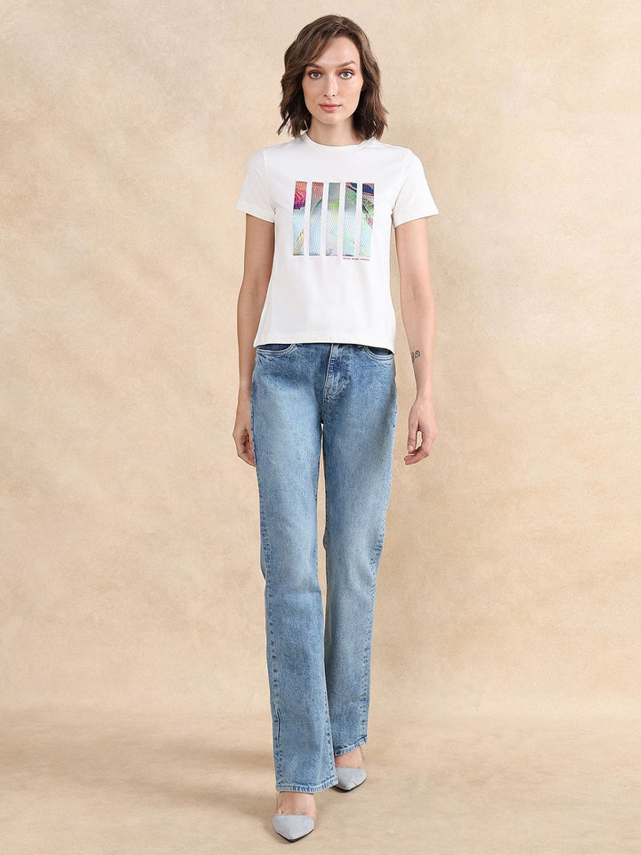 Rareism Wanita Grafik T-Shirt Leher Pusingan Dicetak