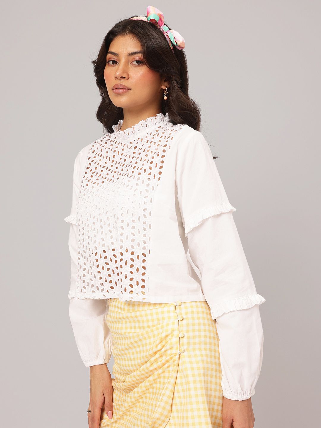 DressBerry Mixed Medley Schifffli Pure Cotton Ruffled Detail Top