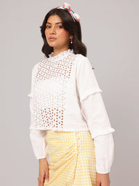 DressBerry Mixed Medley Schifffli Pure Cotton Ruffled Detail Top
