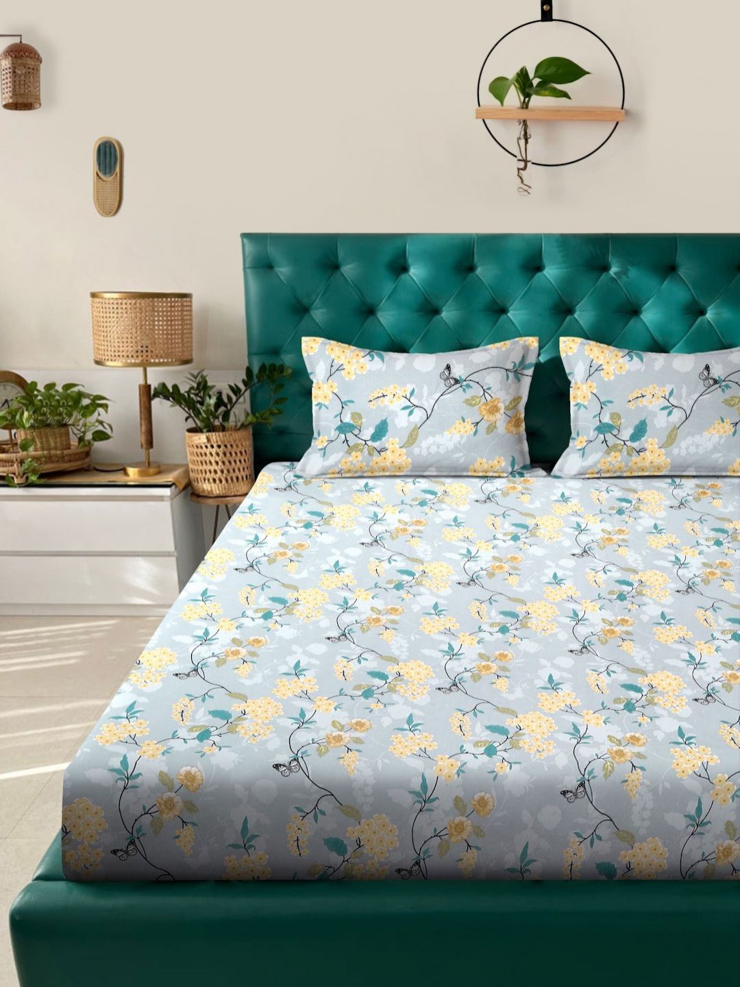 KLOTTHE Book Lipat Grey Floral Polycotton 300 TC King Fine Bedsheet dengan 2 Sarung Bantal-98 x 89 inci