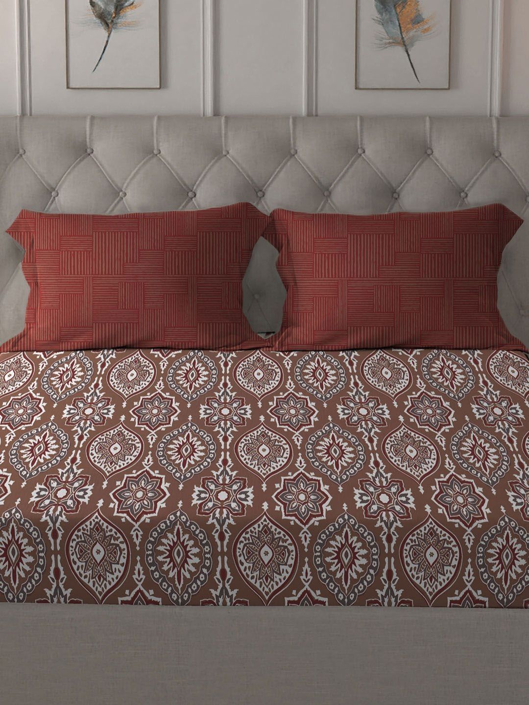 MYTRIDENT Ajrakh Red Comfort Living Flat 120TC Queen Cotton Bedsheet Set