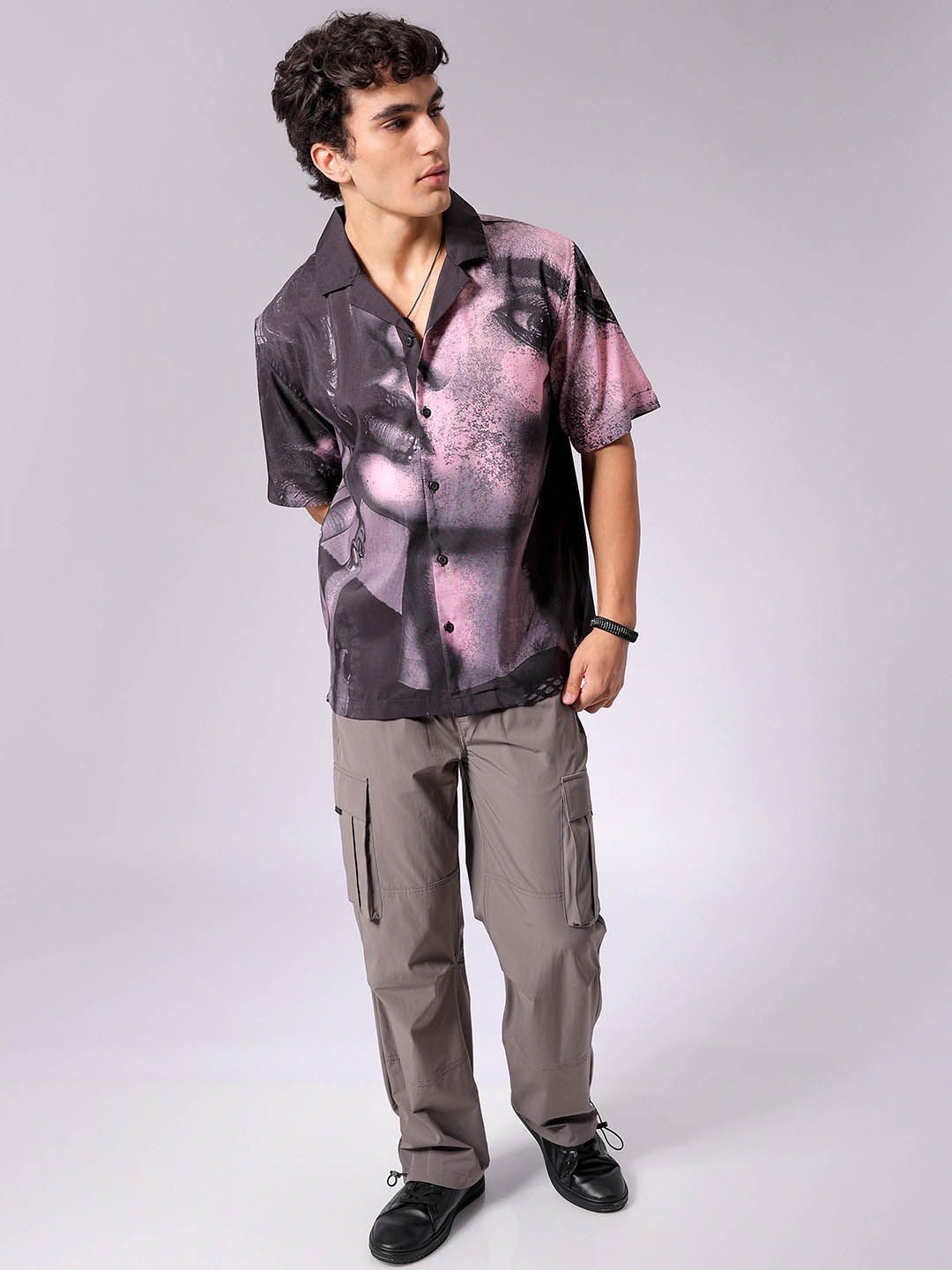 The Indian Garage Co Men Cuban Collar Graphic Printed Oversized Casual Shirt