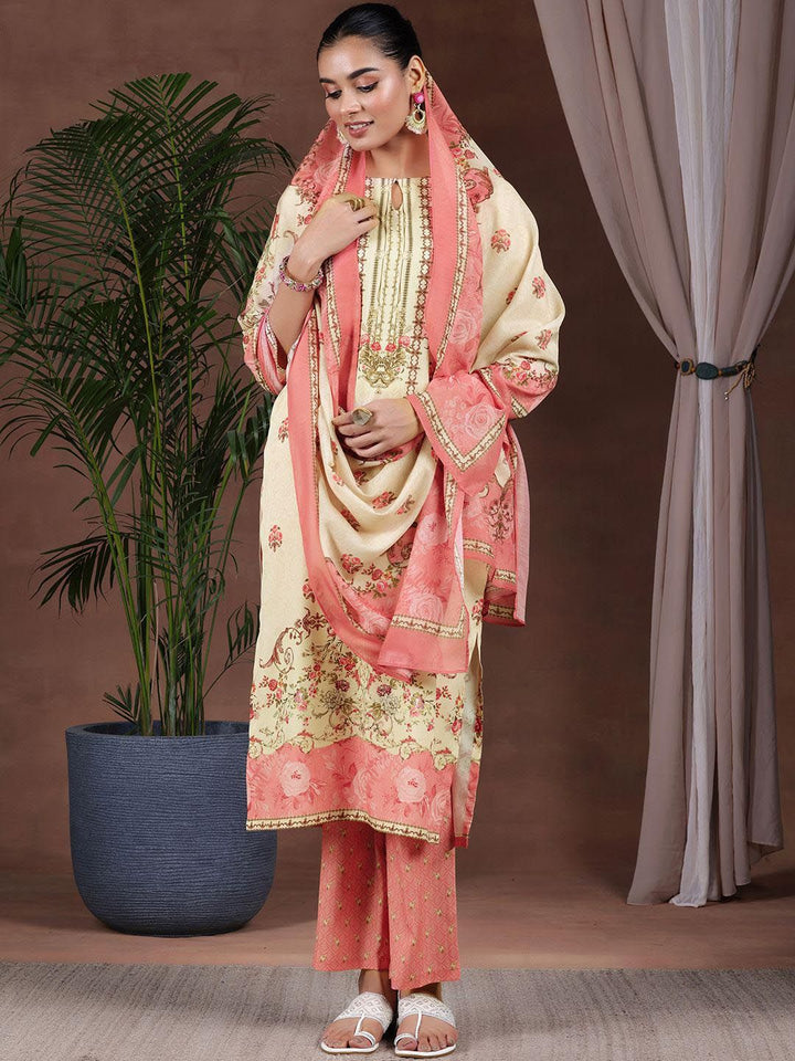 Libas Floral Printed Keyhole Neck Straight Kurta with Trousers & Dupatta