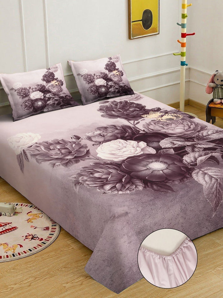 Myntra Elegant Homes Purple Floral 300 TC King Bedsheet with 2 Pillow Covers