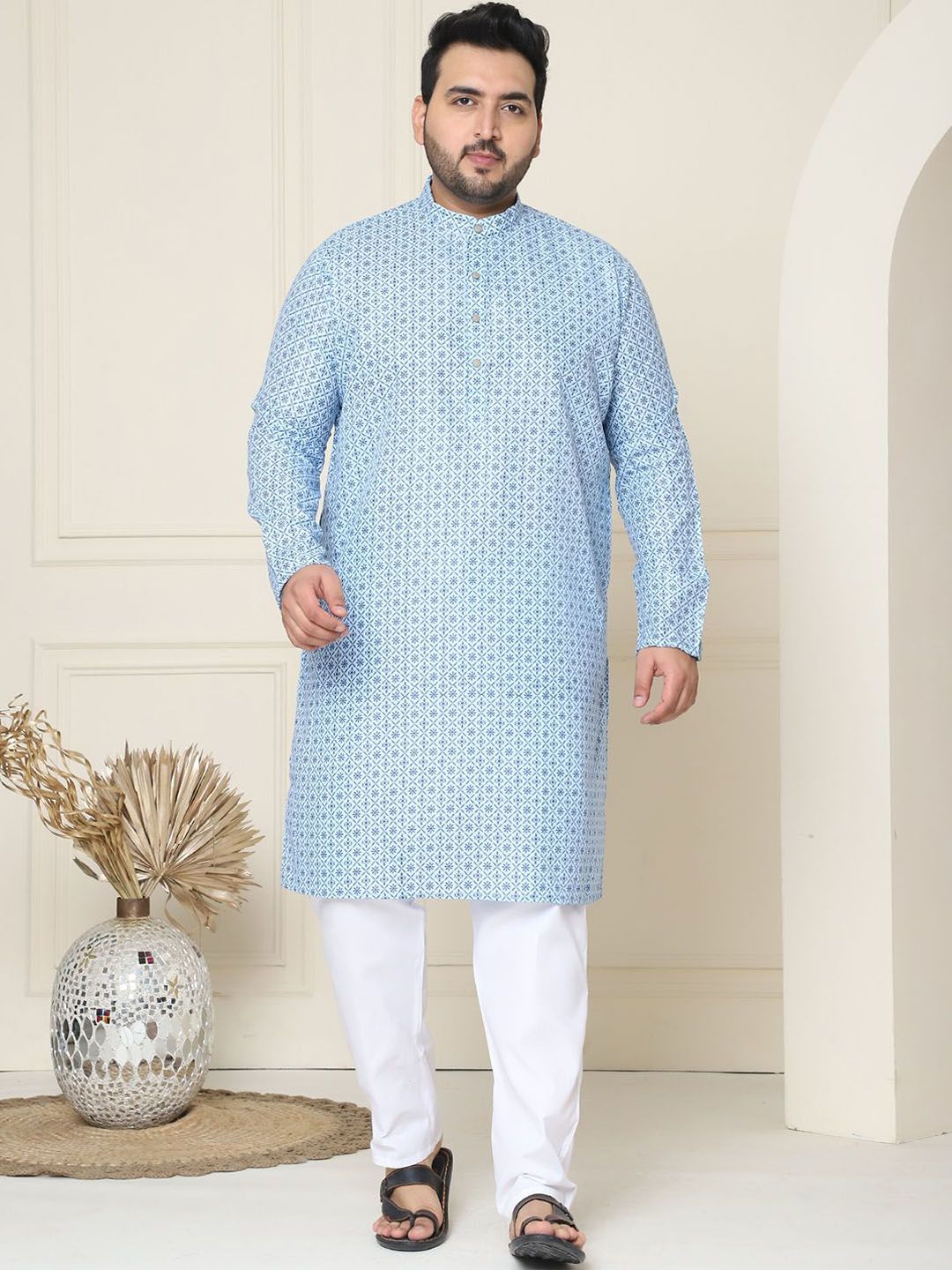 SOJANYA PLUS Floral Embroidered Thread Work Cotton Linen Straight Kurta with Pyjamas