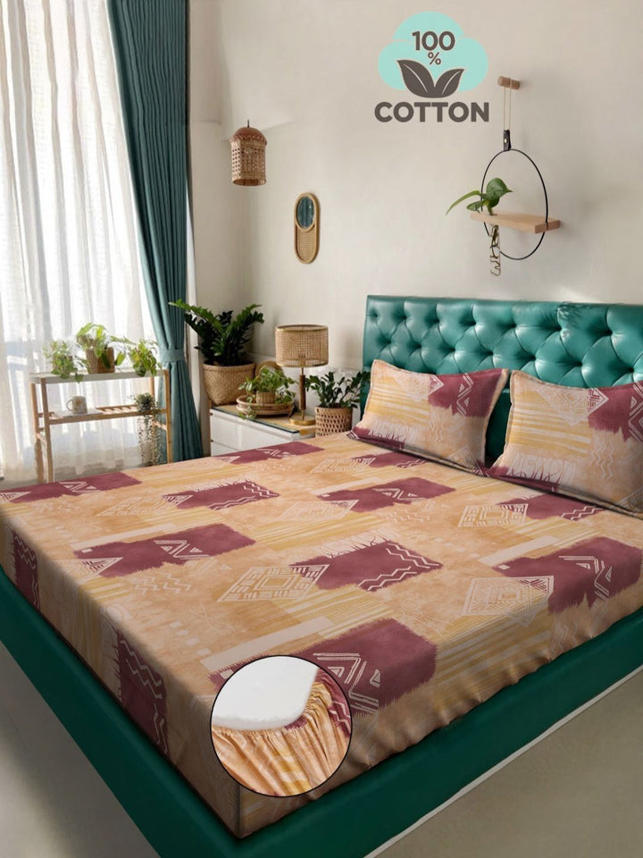 Myntra Elegant Homes Beige Geometric Pure Cotton 400 TC Fitted King Superfine Bedsheet dengan 2 Sarung Bantal-89 x 98 inci