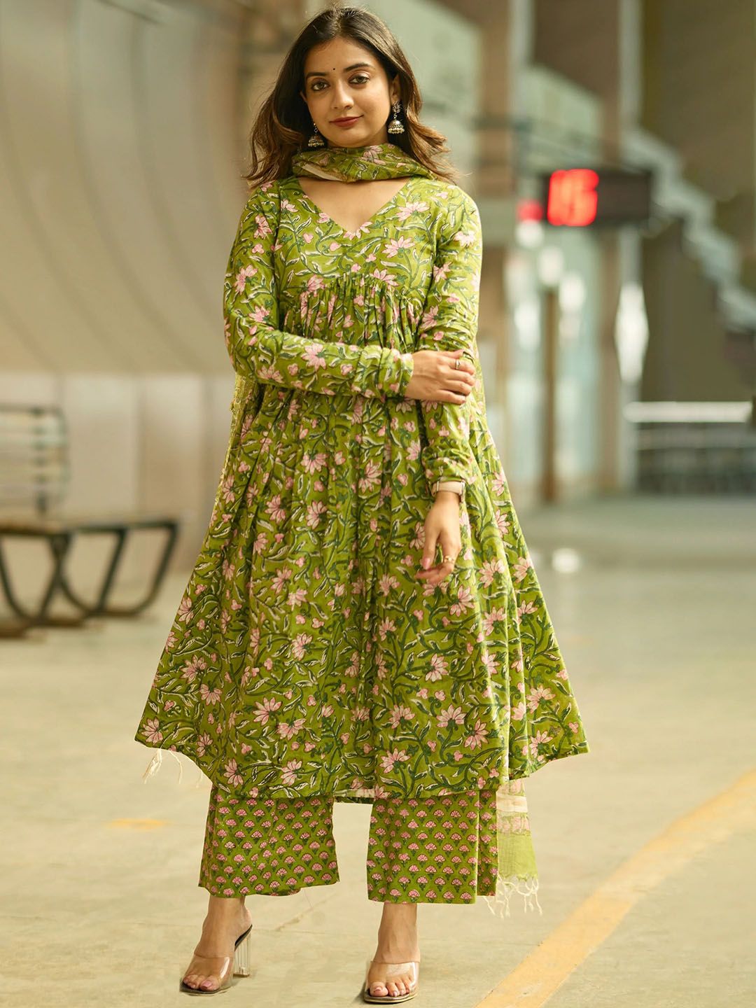 KALINI Women Floral Printed Anarkali Kurta with Trousers & Dupatta