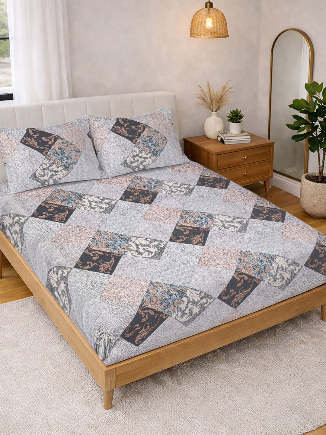 KLOTTHE Grey & Brown Printed 300 TC Double Bedsheet With 2 Pillow Covers- 2.5 m x 2.25 m