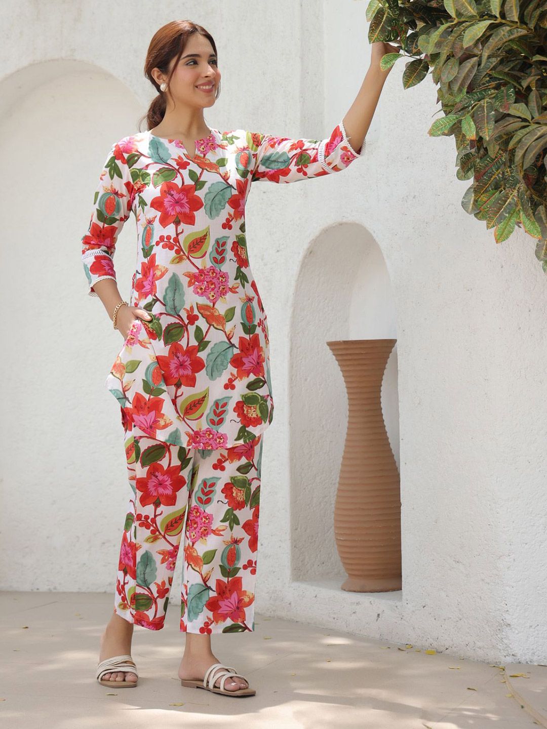 Rain & Rainbow Printed Notch Neck Pure Cotton Tunic With Trouser