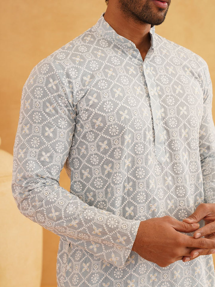 SOJANYA Floral Embroidered Sequinned Band Collar Pure Cotton Straight Kurta With Churidar