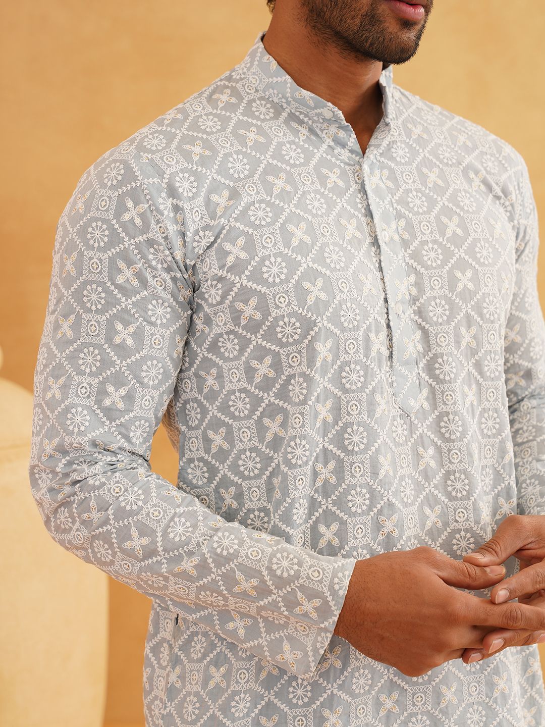 SOJANYA Floral Embroidered Sequinned Band Collar Pure Cotton Straight Kurta With Churidar