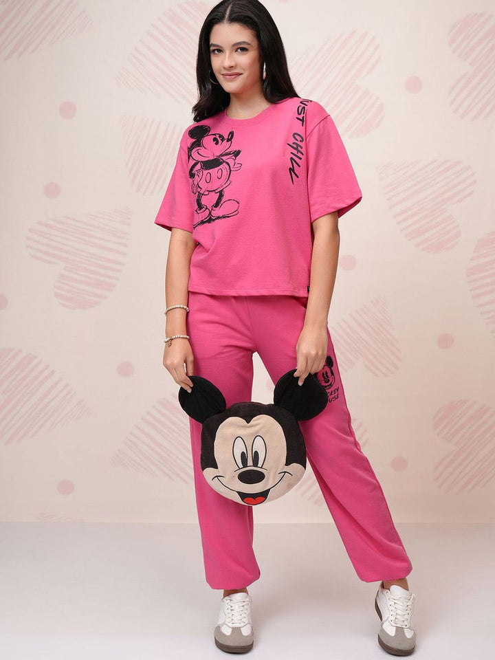 Tokyo Talkies Pink Disney Mickey Mouse Printed Round Neck Pure Cotton T-Shirt & Jogger