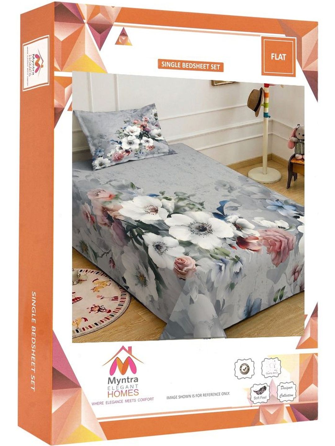 Myntra Elegant Grey Floral Printed Flat 400 TC Single Cadar 7D & 1 Sarung Bantal